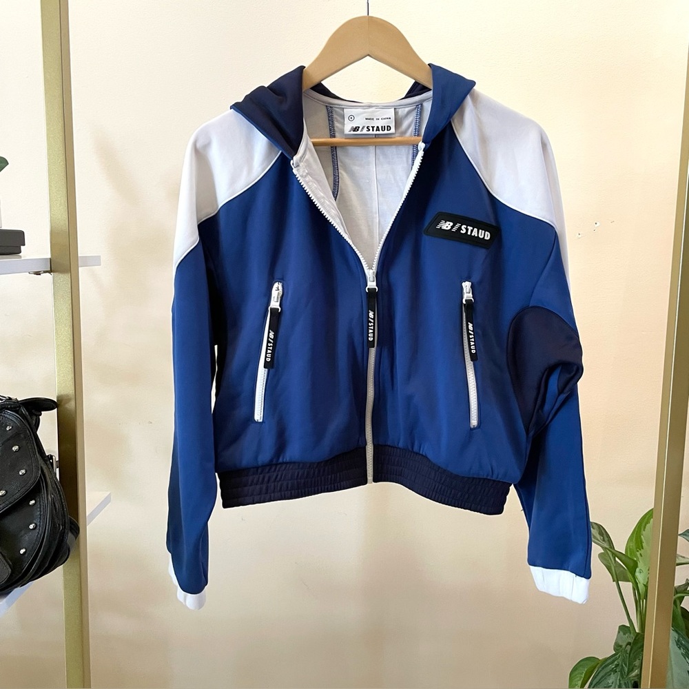 New Balance x STAUD Blue and White Zip-Up Retro Hoodie